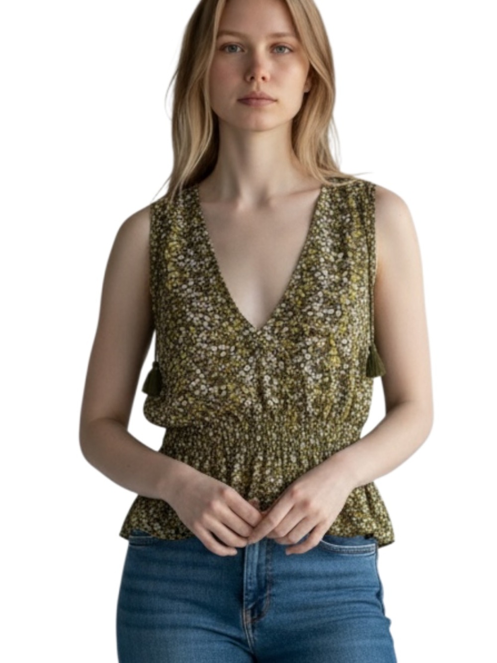 J. Crew Olive Floral V-Neck Smocked Tank